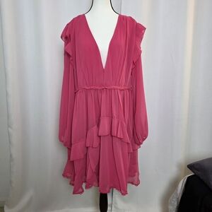 Boohoo Fuchsia Long Sleeve Ruffle Dress